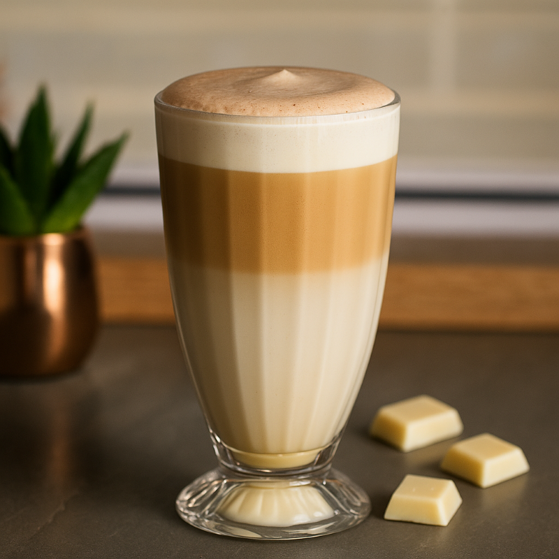 Glass of layered coffee with a plant and chocolate pieces on a wooden surface