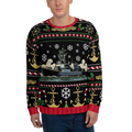 Person wearing a festive sweater with ship and anchor patterns on a white background