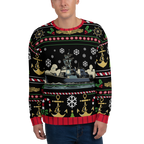 Person wearing a festive sweater with ship and anchor patterns on a white background