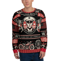 Person wearing a sweater with vintage-themed design featuring a sailor, motorcycle, and carnival elements.