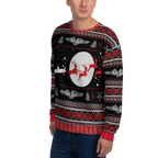 Person wearing a festive sweater with reindeer and snowflake pattern on a white background