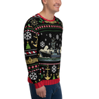 Person wearing a festive sweater with nautical patterns on a white background