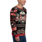 Person wearing a detailed sweater with various graphics and text on a white background