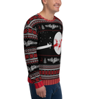 Person wearing a festive sweater with reindeer and snowflake pattern on a white background