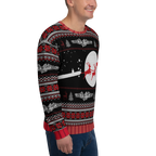 Person wearing a festive sweater with reindeer and snowflake pattern on a white background