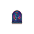 Sticker with a hand holding a coffee cup and mushroom design, text 'Wake Up Beyond the Veil' on a white background.