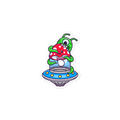 Cartoon alien character on a flying saucer with a white background