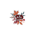 Illustration of mushrooms and leaves with a brand name on a white background