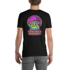 Black t-shirt with a colorful mushroom graphic and text on the back, worn by a person.