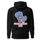 Black hoodie with a cartoon dinosaur and text on the back against a white background