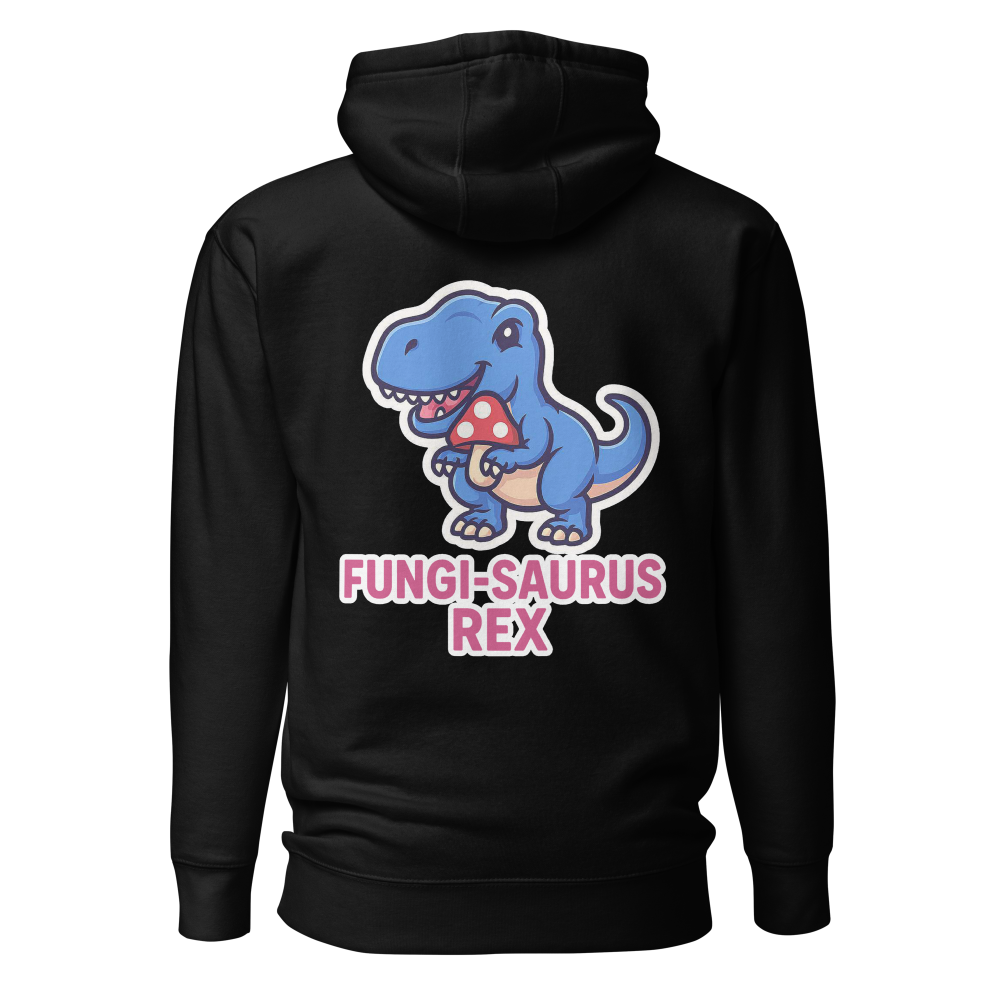 Black hoodie with a cartoon dinosaur and text on the back against a white background