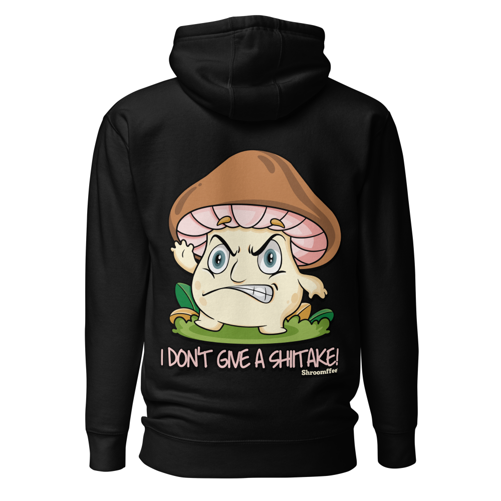Black hoodie with a cartoon mushroom design and text on the back