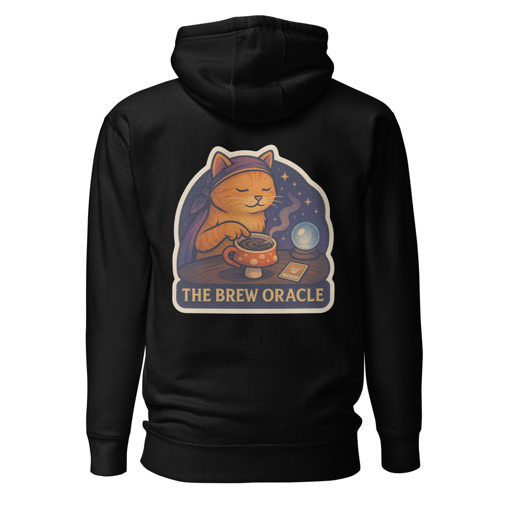 Black hoodie with a cat-themed graphic and 'The Brew Oracle' text on the back.
