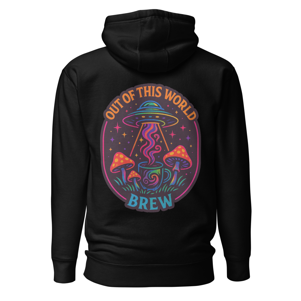 Black hoodie with a colorful graphic design on the back featuring mushrooms, a coffee cup, and text.