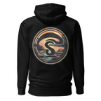 Black hoodie with a colorful circular design on the back against a white background