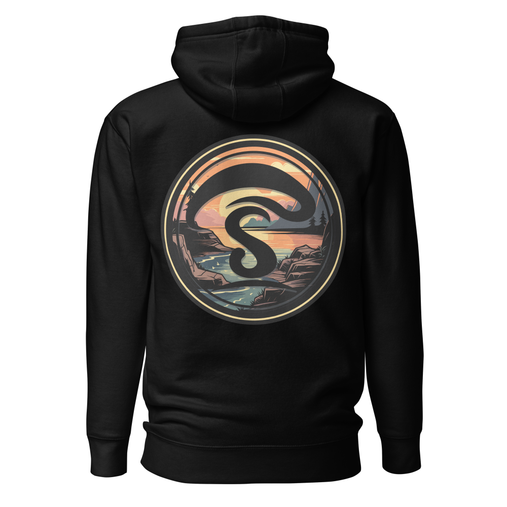 Black hoodie with a colorful circular design on the back against a white background
