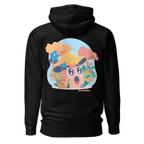 Black hoodie with a colorful cartoon character on the back against a white background