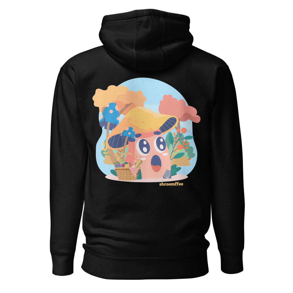 Black hoodie with a colorful cartoon character on the back against a white background