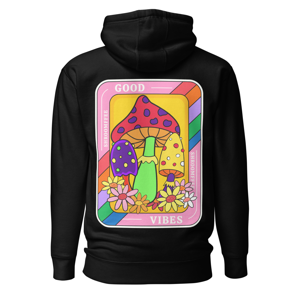 Black hoodie with a colorful mushroom design on the back against a white background