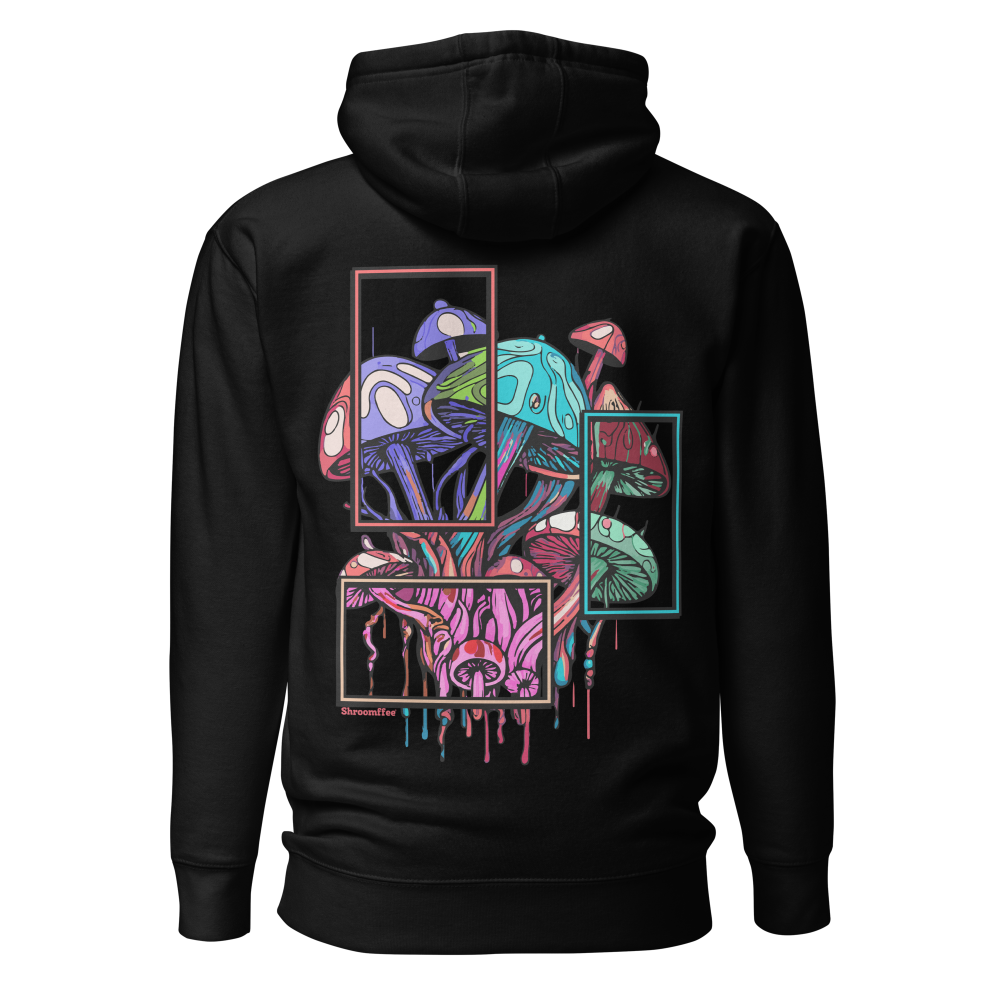 Black hoodie with colorful mushroom design on the back against a white background