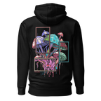 Black hoodie with colorful mushroom design on the back against a white background
