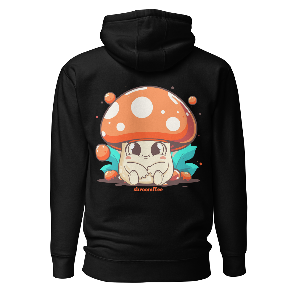 Black hoodie with a cartoon mushroom design on the back, brand 'shroomffee visible.