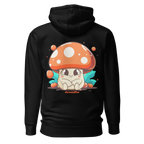 Black hoodie with a cartoon mushroom design on the back, brand 'shroomffee visible.