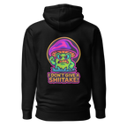 Black hoodie with colorful mushroom graphic and text on the back