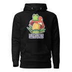 Black hoodie with a colorful graphic of a frog on a mushroom and text 'Leap into the Unexpected' on a white background.
