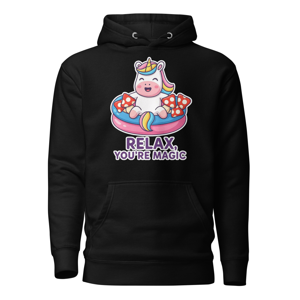 Black hoodie with a cartoon unicorn design and 'Relax, You're Magic' text on a white background