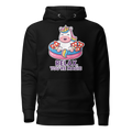 Black hoodie with a cartoon unicorn design and 'Relax, You're Magic' text on a white background