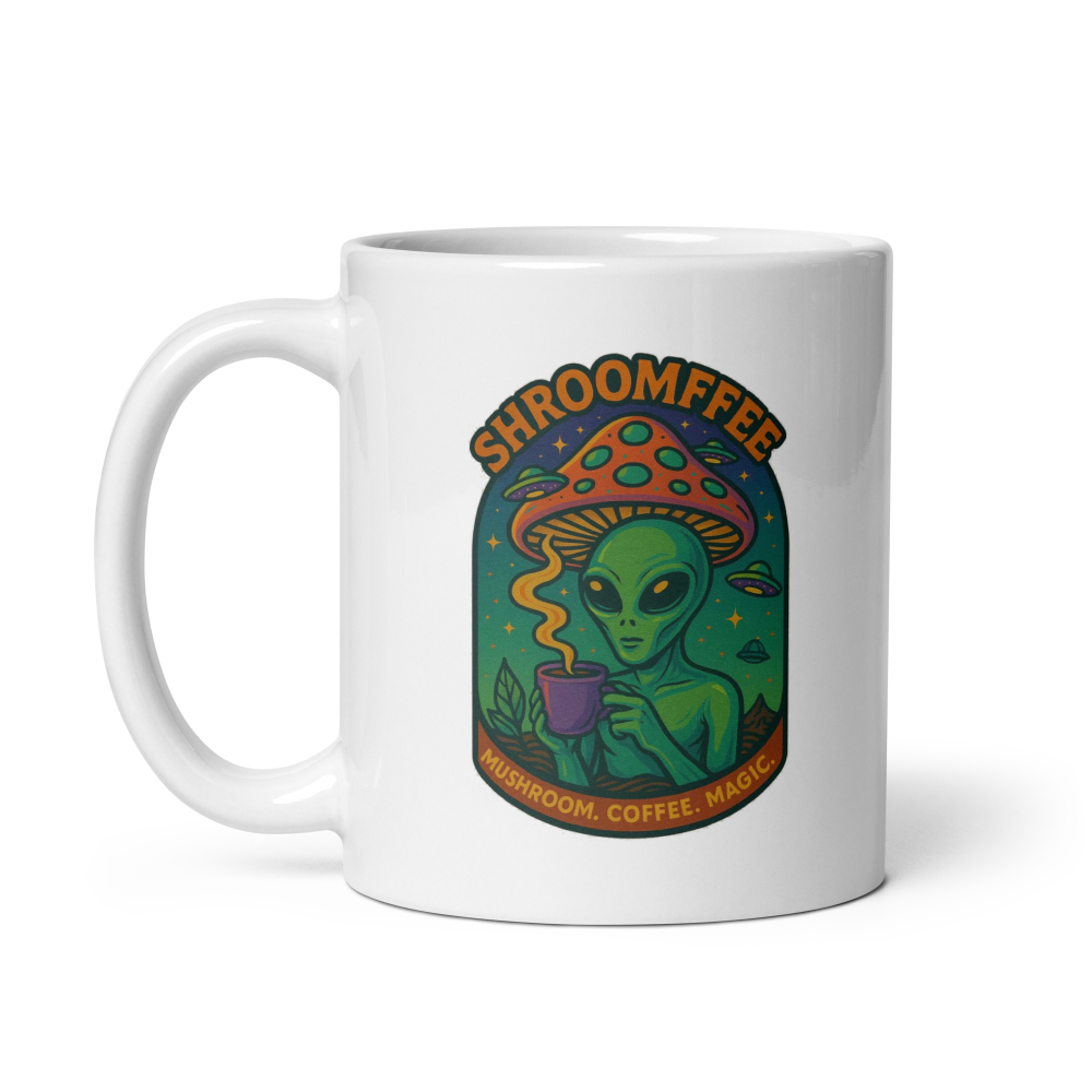 White mug with alien and mushroom design, featuring the text 'Shroomffee'.