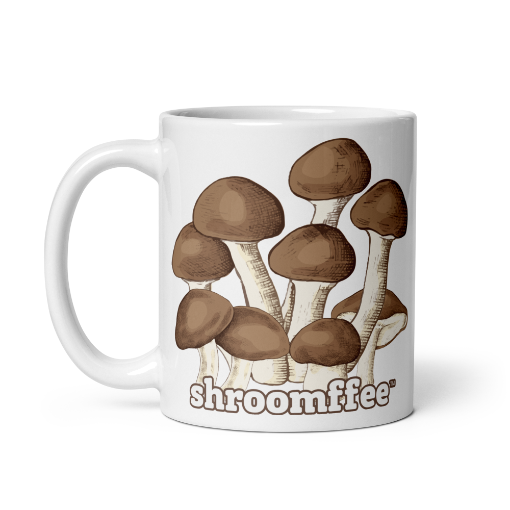 White mug with brown mushroom design and 'shroomffee' text on a white background